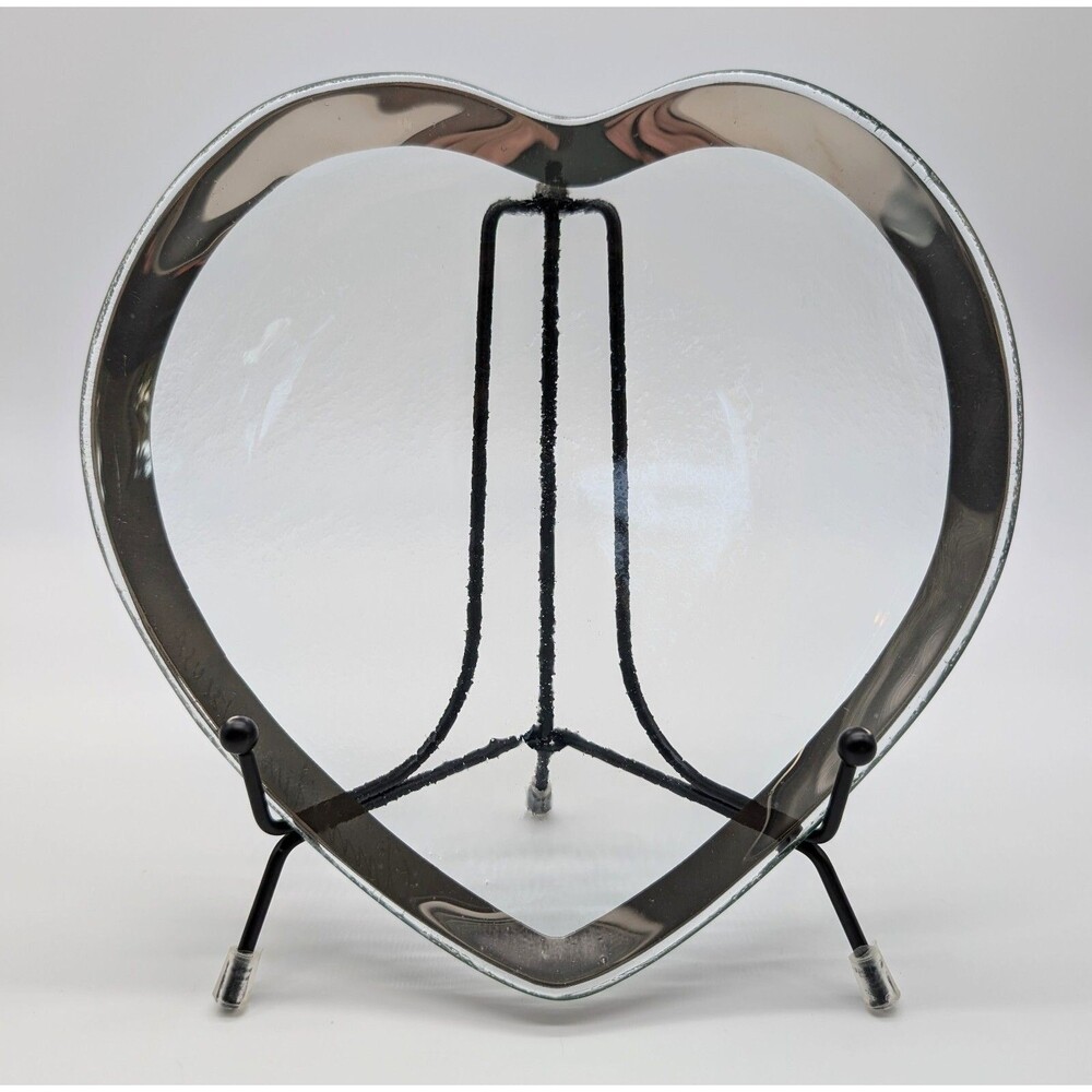 Annieglass Heart Shaped Glass Trinket Dish USA 7" Signed & Numbered Silver Rim